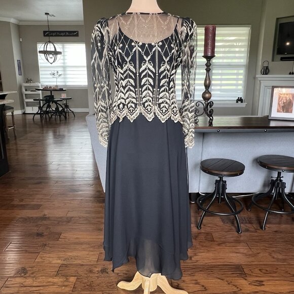 Vtg Cachet by Bari Protas Black Evening Gown Size 11/12 Gold Embroidered Sheer - Picture 1 of 16